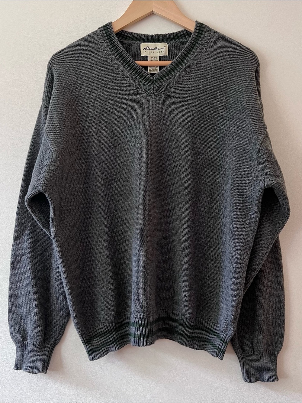 Vintage 90s Eddie Bauer Heavyweight Gray Green Cotton V Neck Sweater Men's L